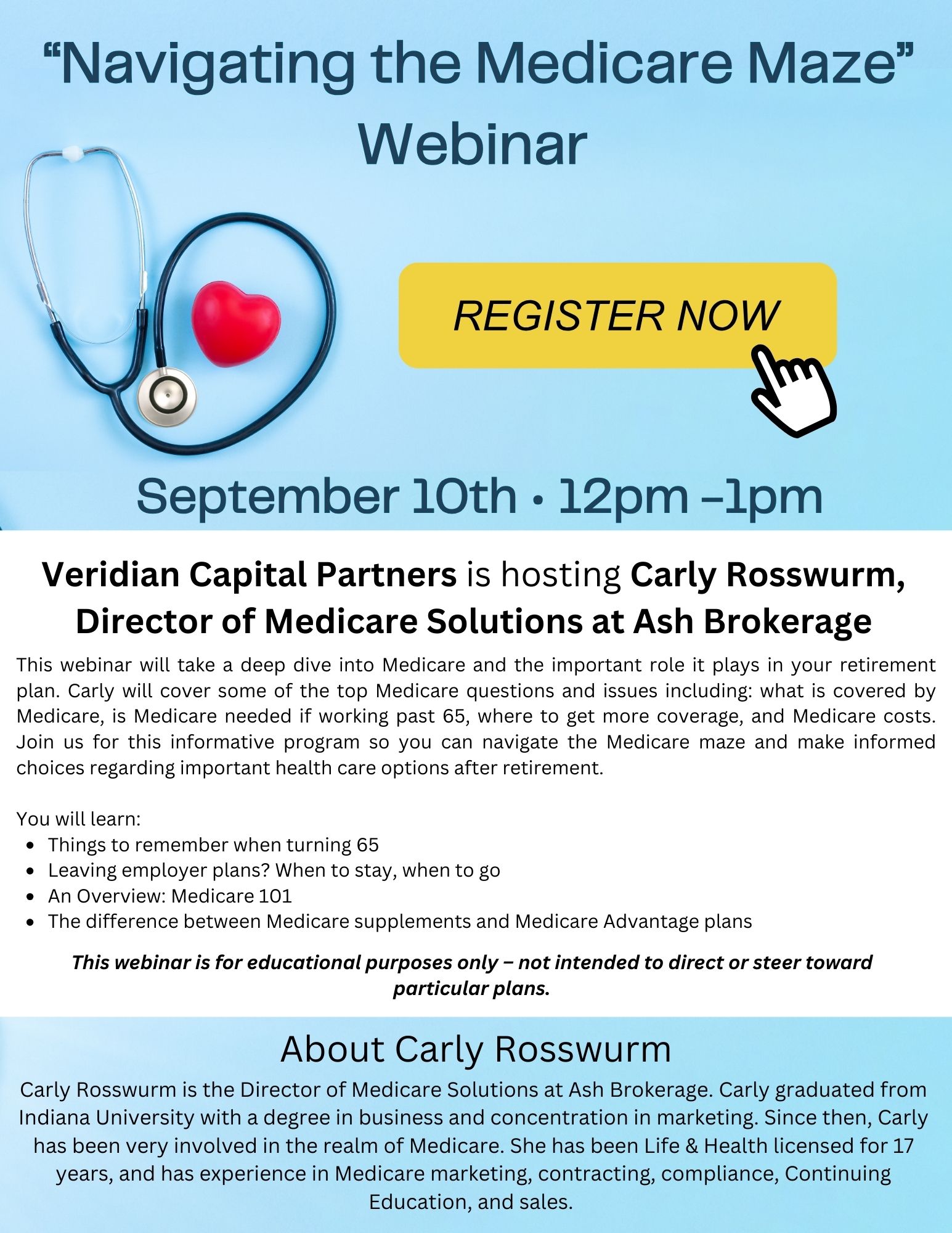 Navigating the Medicare Maze Webinar on September 10, 2025, at noon. Register with Veridian Capital Partners