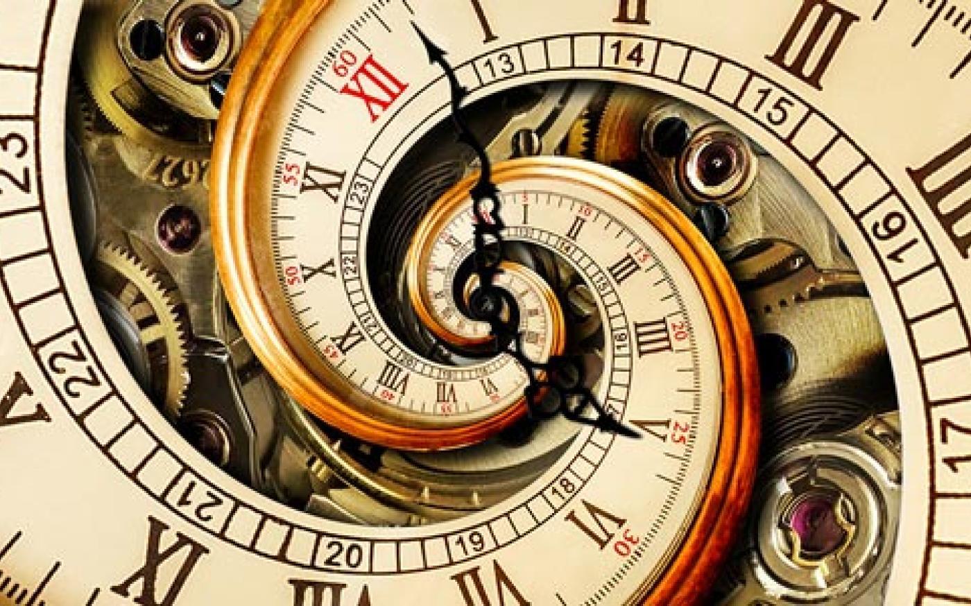 Antique clock spiraling inward, symbolizing time distortion.